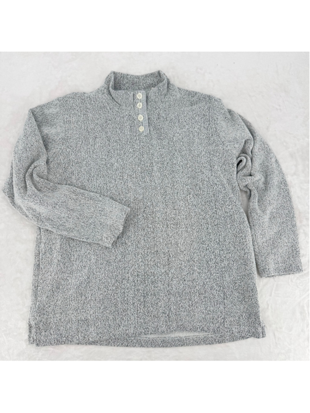 Orvis Heather Gray Pullover Button Mock Neckline Velvet Trim Cozy Comfy Medium
